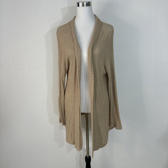 ColdWater Creek Sweater Cardigan Duster Womans 1X 18 Open Front Tan Stretch Knit - Picture 1 of 16